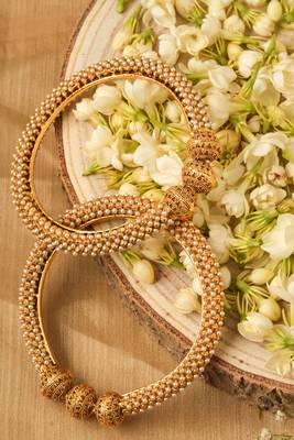Exquisite Set of 2 Gold Plated Bangles with Pearl Studded South Indian Design 1