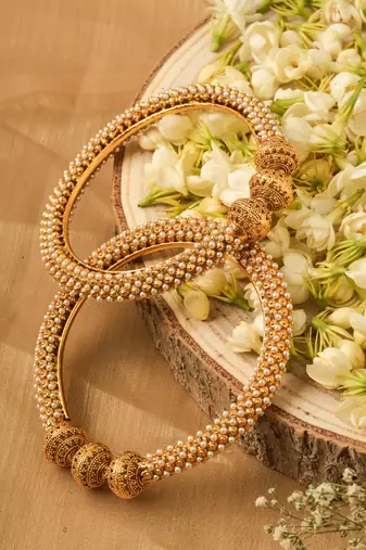 Exquisite Set of 2 Gold Plated Bangles with Pearl Studded South Indian Design