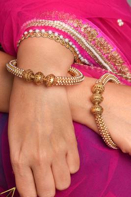 Exquisite Set of 2 Gold Plated Bangles with Pearl Studded South Indian Design 3