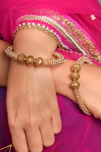 Exquisite Set of 2 Gold Plated Bangles with Pearl Studded South Indian Design