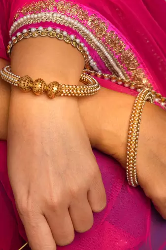 Exquisite Set of 2 Gold Plated Bangles with Pearl Studded South Indian Design