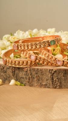 Gold-Plated Bangles with Pink & Mint Green Stones - Set of 4 1