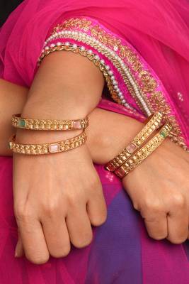 Gold-Plated Bangles with Pink & Mint Green Stones - Set of 4 3