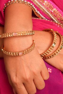 Gold-Plated Bangles with Pink & Mint Green Stones - Set of 4 4