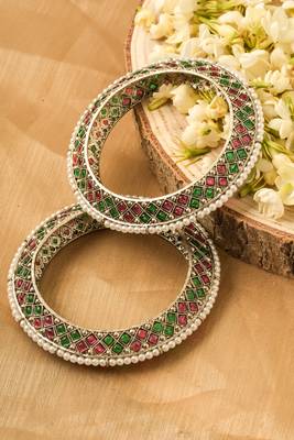 Oxidised Bangles with Red and Green Stone Embellishments -Set of 2 1