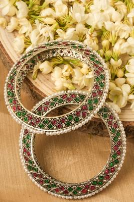 Oxidised Bangles with Red and Green Stone Embellishments -Set of 2 2