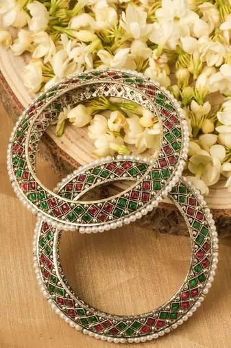 Oxidised Bangles with Red and Green Stone Embellishments -Set of 2