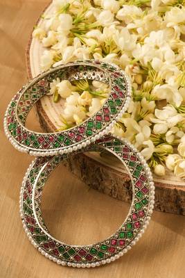 Oxidised Bangles with Red and Green Stone Embellishments -Set of 2 3