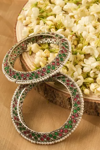 Oxidised Bangles with Red and Green Stone Embellishments -Set of 2