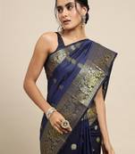 Navy Blue Woven Faux Banarasi Silk Saree With Blouse
