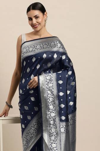 Navy Blue Woven Faux Banarasi Silk Saree With Blouse