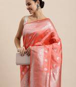 Peach Woven Faux Banarasi Silk Saree With Blouse