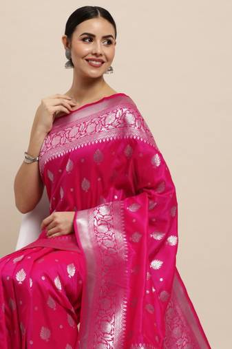 Pink Woven Faux Banarasi Silk Saree With Blouse