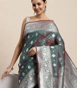 Turquoise Woven Faux Banarasi Silk Saree With Blouse