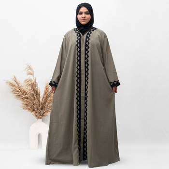 A-Line Front Open Patch Work Abaya in Beige Color With Hijab 1