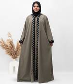 A-Line Front Open Patch Work Abaya in Beige Color With Hijab