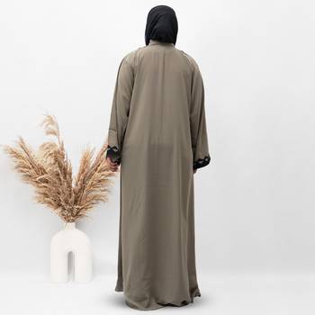 A-Line Front Open Patch Work Abaya in Beige Color With Hijab 2