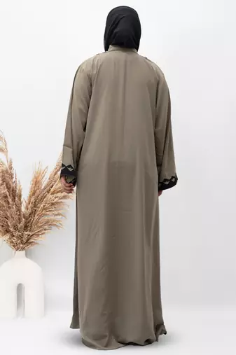 A-Line Front Open Patch Work Abaya in Beige Color With Hijab