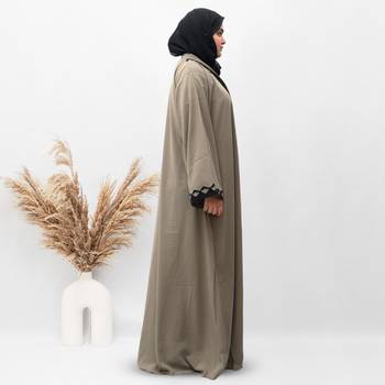 A-Line Front Open Patch Work Abaya in Beige Color With Hijab 3