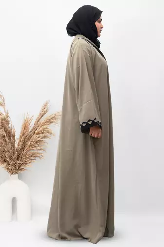 A-Line Front Open Patch Work Abaya in Beige Color With Hijab