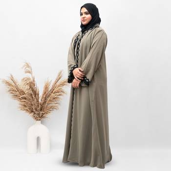 A-Line Front Open Patch Work Abaya in Beige Color With Hijab 5