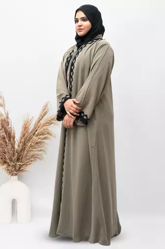 A-Line Front Open Patch Work Abaya in Beige Color With Hijab
