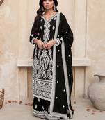 Black Embroidered Art Silk  Straight Palazzo Suit Free size full stitched Up To 42" Size