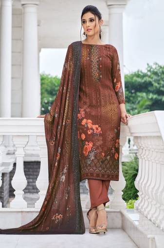 Brown Digital Printed Muslin  Straight Suit Free size full stitched Up To 42" Size
