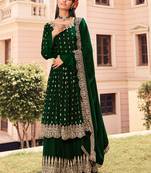 Green Embroidered Georgette Straight Palazzo Suit Free size full stitched Up To 42" Size