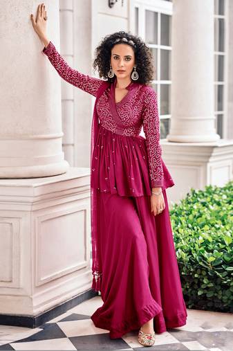 Pink Embroidered Georgette  Straight Palazzo Suit Free size full stitched Up To 42" Size