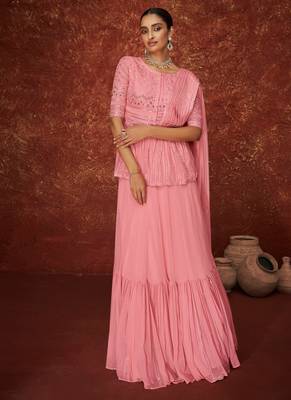 Pink Embroidered Georgette  Suit Free size full stitched Up To 42" Size 1