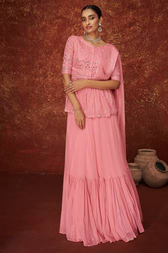 Pink Embroidered Georgette  Suit Free size full stitched Up To 42" Size