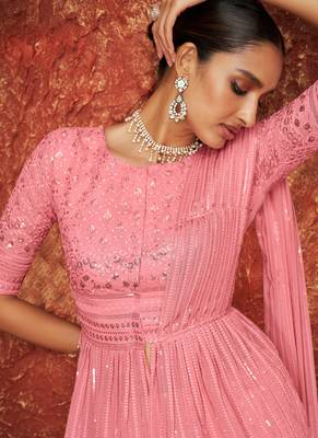 Pink Embroidered Georgette  Suit Free size full stitched Up To 42" Size 2