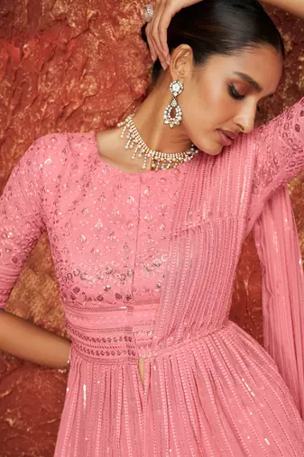 Pink Embroidered Georgette  Suit Free size full stitched Up To 42" Size