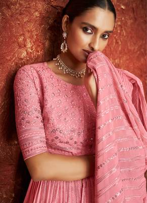 Pink Embroidered Georgette  Suit Free size full stitched Up To 42" Size 3