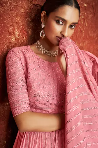 Pink Embroidered Georgette  Suit Free size full stitched Up To 42" Size