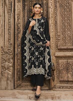 Black Embroidered Organza Silk Straight Straight Suit Free size full stitched Up To 42" Size 1