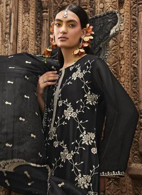 Black Embroidered Organza Silk Straight Straight Suit Free size full stitched Up To 42" Size 2