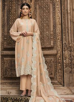 Peach Embroidered Organza Silk Straight Straight Suit Free size full stitched Up To 42" Size 1