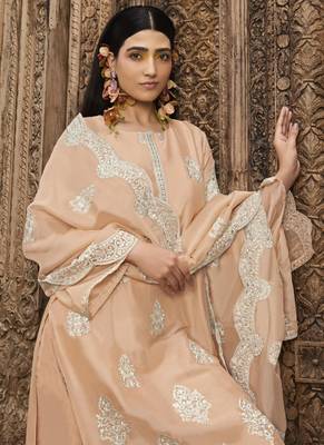 Peach Embroidered Organza Silk Straight Straight Suit Free size full stitched Up To 42" Size 2
