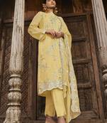 Yellow Embroidered Organza Silk Straight Suit Free size full stitched Up To 42" Size