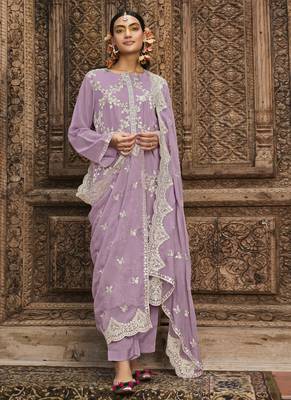 Lavender Embroidered Organza Silk Semistitched Straight Suit Up To 42" Size 1