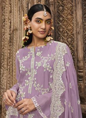 Lavender Embroidered Organza Silk Semistitched Straight Suit Up To 42" Size 2