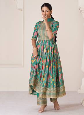 Organza Silk Embroidered Teal Green  Anarkali Suit Free size full stitched Up To 42" Size 1