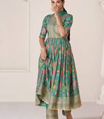 Organza Silk Embroidered Teal Green  Anarkali Suit Free size full stitched Up To 42" Size