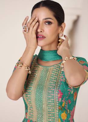 Organza Silk Embroidered Teal Green  Anarkali Suit Free size full stitched Up To 42" Size 2