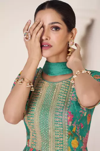 Organza Silk Embroidered Teal Green  Anarkali Suit Free size full stitched Up To 42" Size