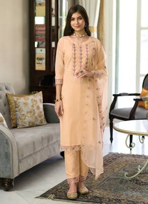Cotton Embroidered Beige Straight Suit Free size full stitched Up To 42" Size 1