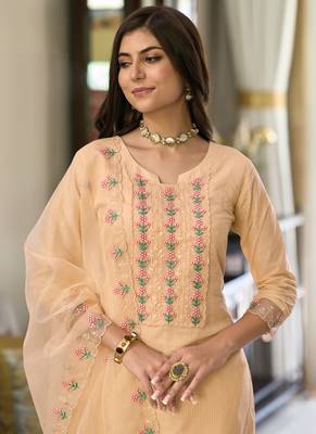 Cotton Embroidered Beige Straight Suit Free size full stitched Up To 42" Size 2