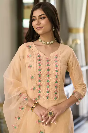 Cotton Embroidered Beige Straight Suit Free size full stitched Up To 42" Size